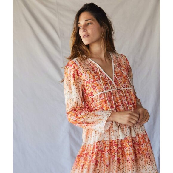 CHRISTY DAWN Paloma Midi Dress Sunset Gladiola Orange Pink Floral Size M - Picture 3 of 13